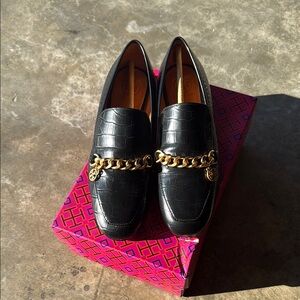 Tory Burch Black and Gold Leather Flats with Chain Detail